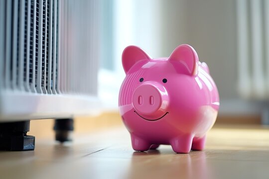 close-up pink piggy bank next to heating device, conveying idea of saving money on heating bills. Useful for personal finance content, home efficiency tips and financial advice promotions