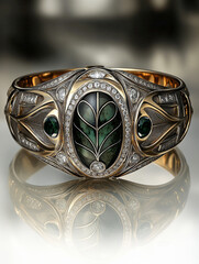 Jewellery design: precious gold and silver wristband bracelet decorated with diamonds and splendid transparent aquamarine gemstones in old-fashioned style, 3d rendering