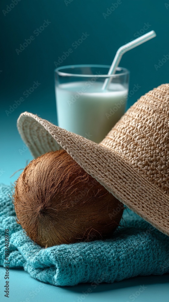 Poster a straw beach hat rests beside a fresh coconut drink with a straw, set on a soft towel. this arrange