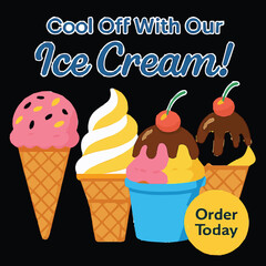 Colorful Ice Cream Vector Poster – Sweet Summer Treats with Frozen Dessert Cones, Scoops, Popsicles & Cartoon Style Illustrations – Perfect for Kids Party, Cool Vibes & Yummy Celebration