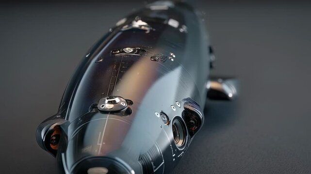 Sleek auv shell reveals a glossy exterior and embedded sensors, showcasing advanced technology designed for underwater exploration and data collection