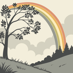 autumn landscape with trees and Rainbow 