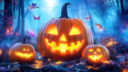 Naklejka premium Spooky Jack-o'-lanterns in Autumn Forest