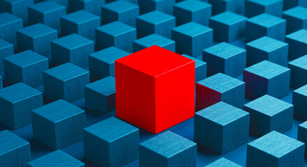 Fototapeta premium A red cube stands out among a grid of blue cubes creating a visual contrast and depth in the image