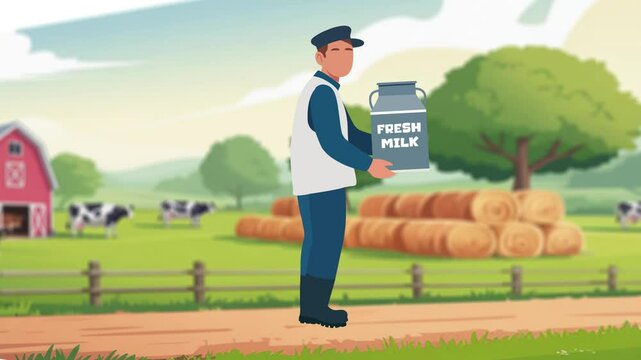 Animation of a Farm Worker Walking with Milk Can