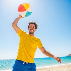 Man Playing with Beach Ball on Sunny Beach