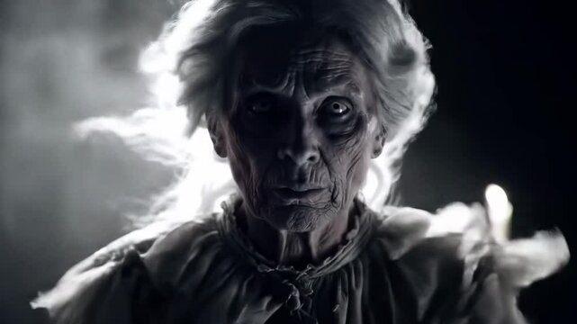 Ghostly senior woman in dark misty scene pointing forward. Halloween haunted character  
