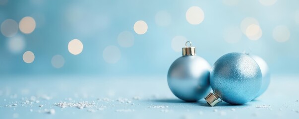 Delicate light blue Christmas spheres & silver White background with soft bokeh , christmas ornaments, winter