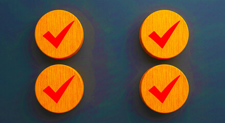A close up of four wooden circles with red check marks on a dark blue and purple background surface