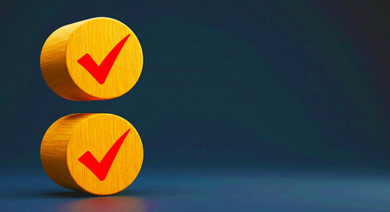 Two yellow wooden discs with red check marks stacked on a dark blue gradient background space for text