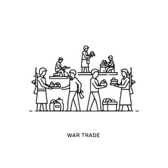 Fototapeta premium People exchanging goods during wartime, in black and white line art style, for illustrating conflict and trade