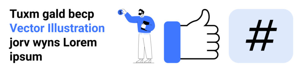 Presenter holding microphone, thumbs-up icon, metadata tag, and placeholder text explore user interaction concepts. Ideal for social media, content marketing, audience engagement, communication