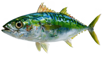 A vibrant watercolor illustration of a mackerel tuna fish, showcasing its iridescent green and blue coloration against a clean white background perfectly.