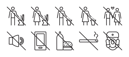Prohibitory signs for public toilets, WC black line vector icon set. Collection of monochrome outline pictograms for women and men restrooms, 10 editable stroke symbols