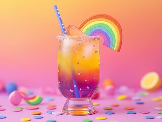 Layered rainbow-colored cocktail with ice, a straw, and a rainbow garnish sits on a pink surface adorned with colorful confetti