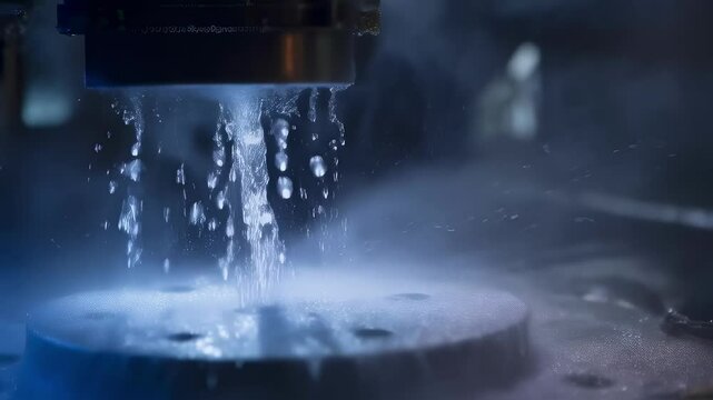 Liquid nitrogen pours from a nozzle into a vacuum chamber, creating a swirling vortex and glimmering droplets, setting the stage for cryogenic foam production
