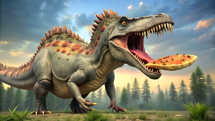 Naklejka premium Jurassic scene with dinosaurs and hot Meat Feast Pizza imaginative commercial art great for pizza brand visibility and food product engagement milkyhexddway pizzas Backgrounds ads