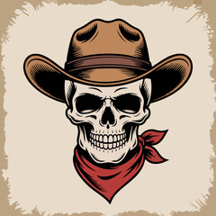 Cowboy Skull with Hat and Bandana – Black and White Western Tattoo Style Vector Illustration