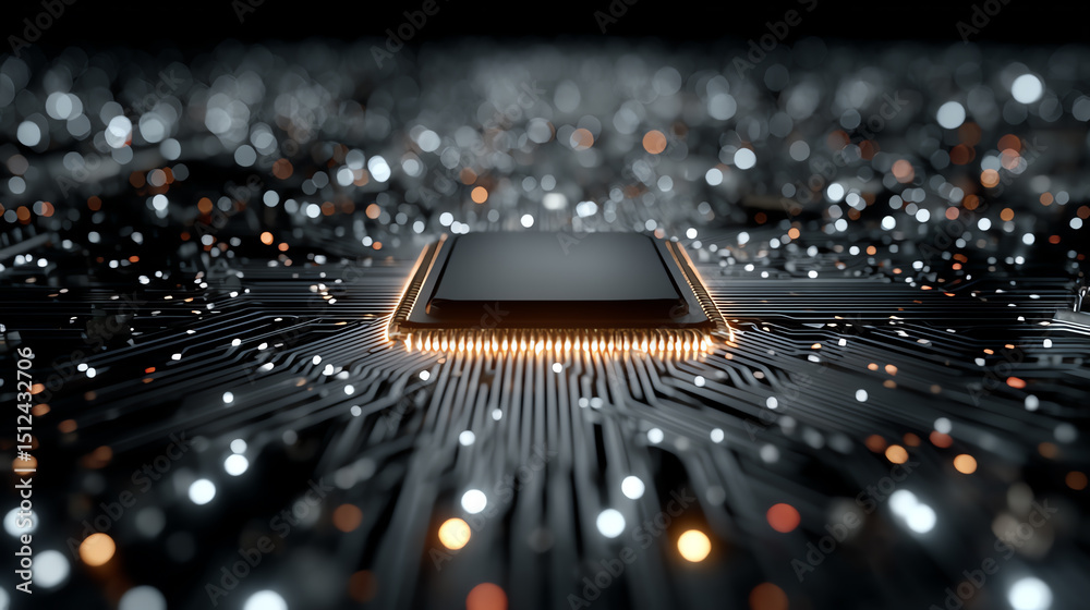 Poster a close-up view of a microprocessor on a circuit board, showcasing intricate details and glowing lig