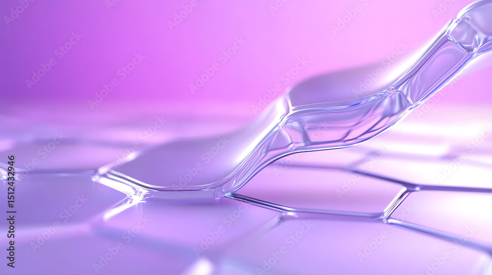Poster A close-up view of transparent bubbles on a pink and purple background, showcasing fluid dynamics and molecular structures.