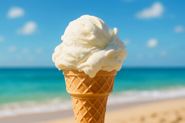 Vanilla Ice Cream Cone on Tropical Beach