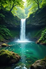 Cascading waterfall, emerald pool, lush forest, air, daytime, forest