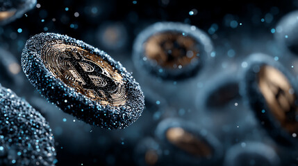 A dynamic visualization of floating Bitcoin coins in a digital space, showcasing the essence of cryptocurrency and innovation.