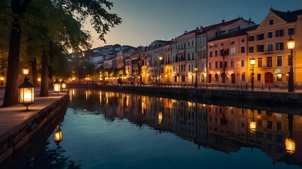 Obraz premium A charming cityscape in the evening with glowing lanterns and water reflections
