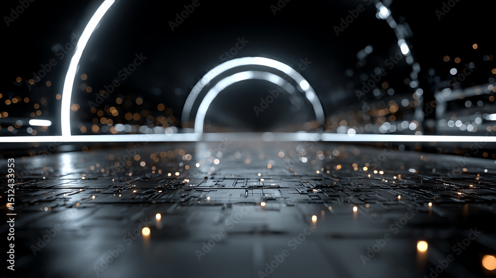 Poster a futuristic scene featuring illuminated pathways and digital designs, evoking innovation and modern