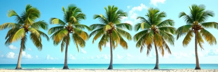 Fototapeta premium Tall coconut palms stand in a neat row, their fronds rustling in the sea breeze , exotic, idyllic