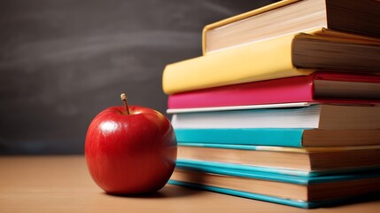 Stack of hardbound textbooks vibrant covers arranged on a desk topped with a shiny red apple symbolizing academic success and traditional education themes cut out on isolated transparent background
