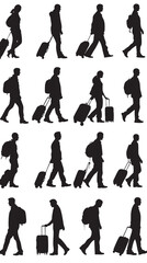 Man Pushing luggage Silhouette Vectors , black silhouettes isolated on white background