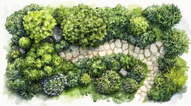 Hand-painted watercolor trees and planst. Top down view of plants, shrubs, paths landscape design materials for architecture plans. Landscape layout plan and architecture drawing elements