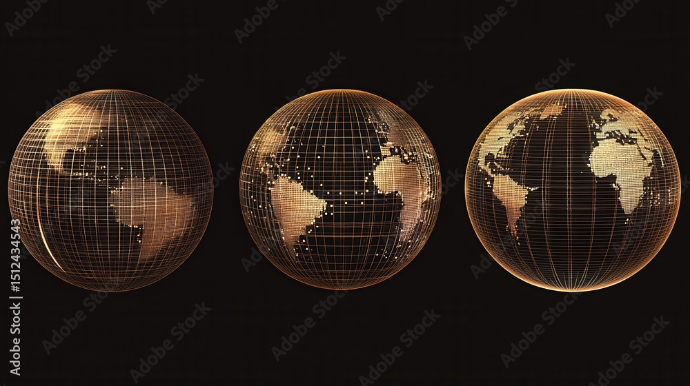 Poster wireframe gold grid globe mesh spherical object set. network line, hud three-dimensional design sphe