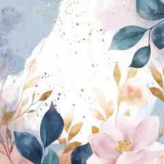 Winter background vector. Hand painted watercolor and gold brush texture, Flower and botanical leaves hand drawing. Abstract art design for wallpaper, wall arts, cover, wedding and. invite card.