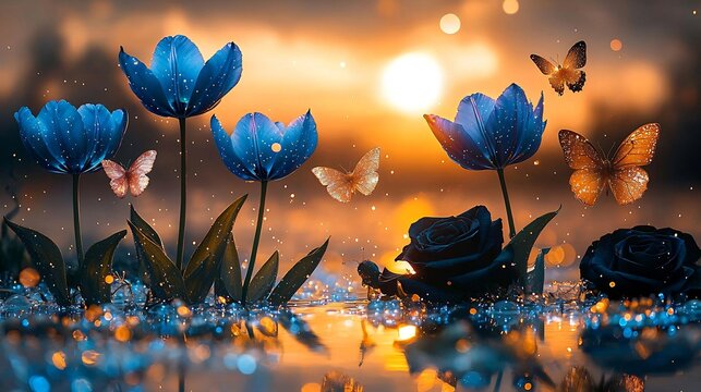 Breathtaking celestial garden where world most extraordinary flower bloom midair above floating crystal lake sunrise featuring radiant blue tulip bioluminescent orchid velvet black rose shimmering