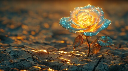 Most beautiful radiant flower world glowing perfect rose shimmering petal blossoming harsh cracked earth of barren desert landscape surrounded jagged rock dry cracked soil Despite desolation flower