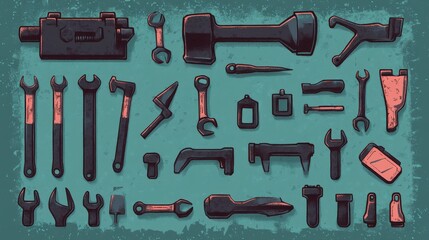 Obraz premium Hand industrial and building tools silhouettes. Handyman toolkit. Screwdriver and wrench, hammer instrument and saw illustration illustration , no logos, no brands