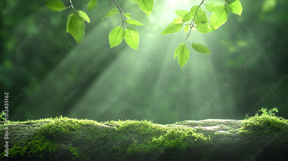 Poster a serene forest scene featuring sunlight filtering through green leaves, illuminating a mossy log in