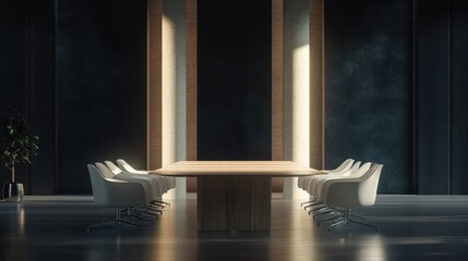 Fototapeta premium Modern conference room with light wooden table, columns and floor, white chairs and dark wall. 3D rendering illustration , no logos, no brands