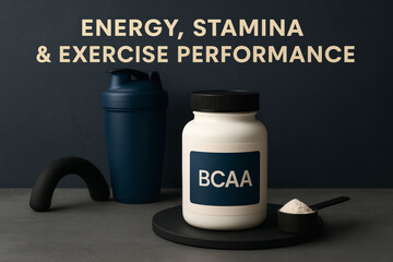 White jar of branched chain amino acid - BCAA - supplement, measuring scoop with powder and shaker bottle promoting muscle growth, increasing energy, stamina and exercise performance.