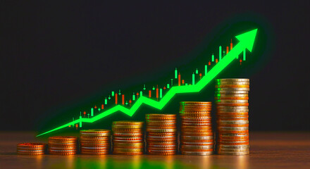 A green arrow going up behind stacks of gold coins with a dark background and wooden surface
