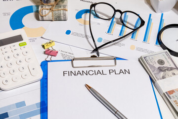 Comprehensive Financial Plan Papers with Graph, Calculator, and Cash – Business Budgeting and...