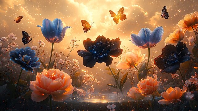 Breathtaking celestial garden where world most extraordinary flower bloom midair above floating crystal lake sunrise featuring radiant blue tulip bioluminescent orchid velvet black rose shimmering - Powered by Adobe