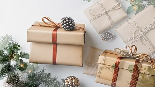 Elegant Holiday Gift Arrangement with Rustic Wrapping on White Backdrop for Celebrations