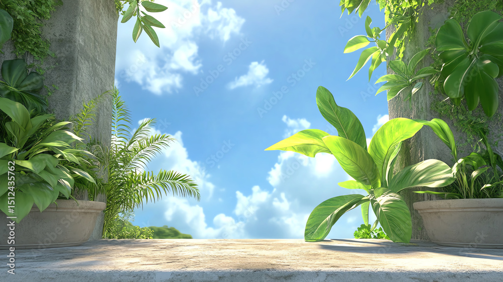 Poster a serene scene showcasing vibrant green plants under a clear blue sky, creating a tranquil and invit