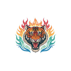 Fototapeta premium Fierce tiger head surrounded by colorful flames