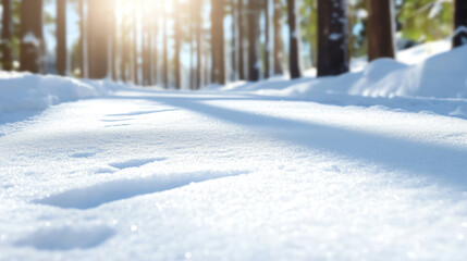 A serene snowy landscape with trees in the background, sunlight illuminating a peaceful winter scene.