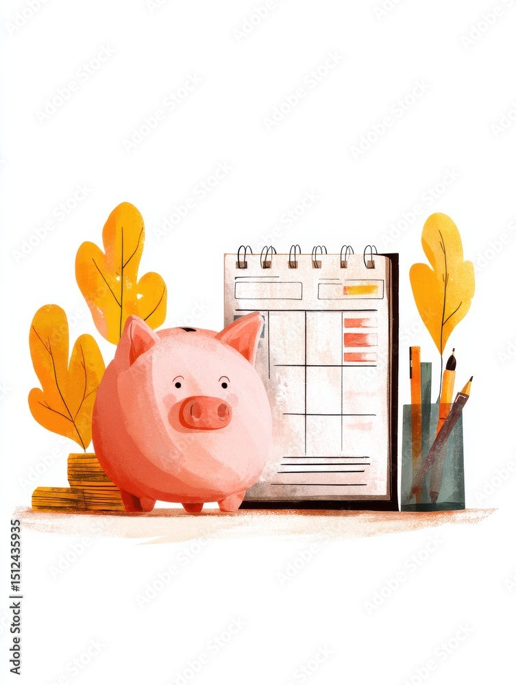 Poster exploring personal finance through illustrated concepts like piggy banks and planners for budgeting 