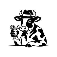 Cow in a Hat and Drink: A charming illustration depicts a cow sporting a hat and holding a refreshing drink, exuding a relaxed and sophisticated vibe.